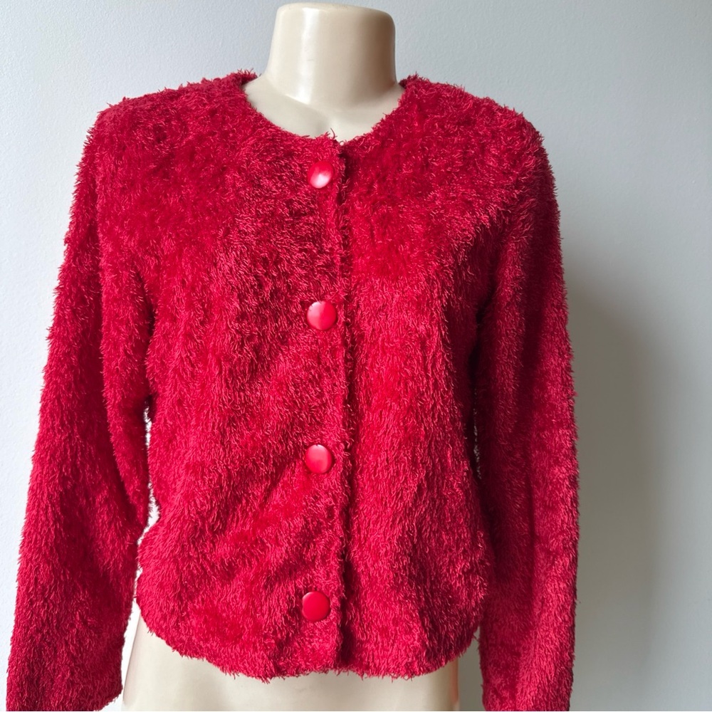 Camille and Company Top Vintage 90s Y2K Red Button Up Fuzzy Sweater Size Small